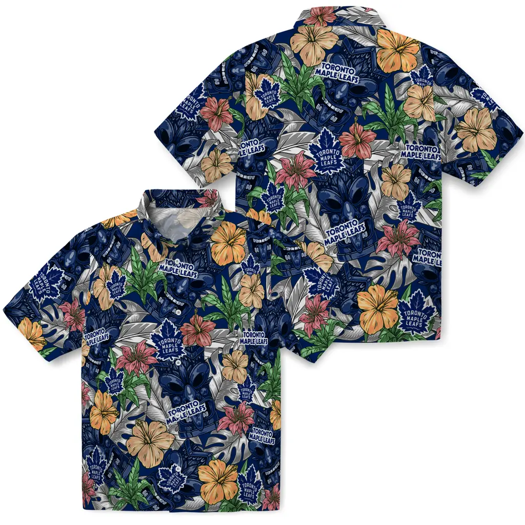 Toronto Maple Leafs Hawaiian Shirt - Hibiscus Tiki Jungle toronto maple leafs tiki jungle blue hawaiian shirts high quality