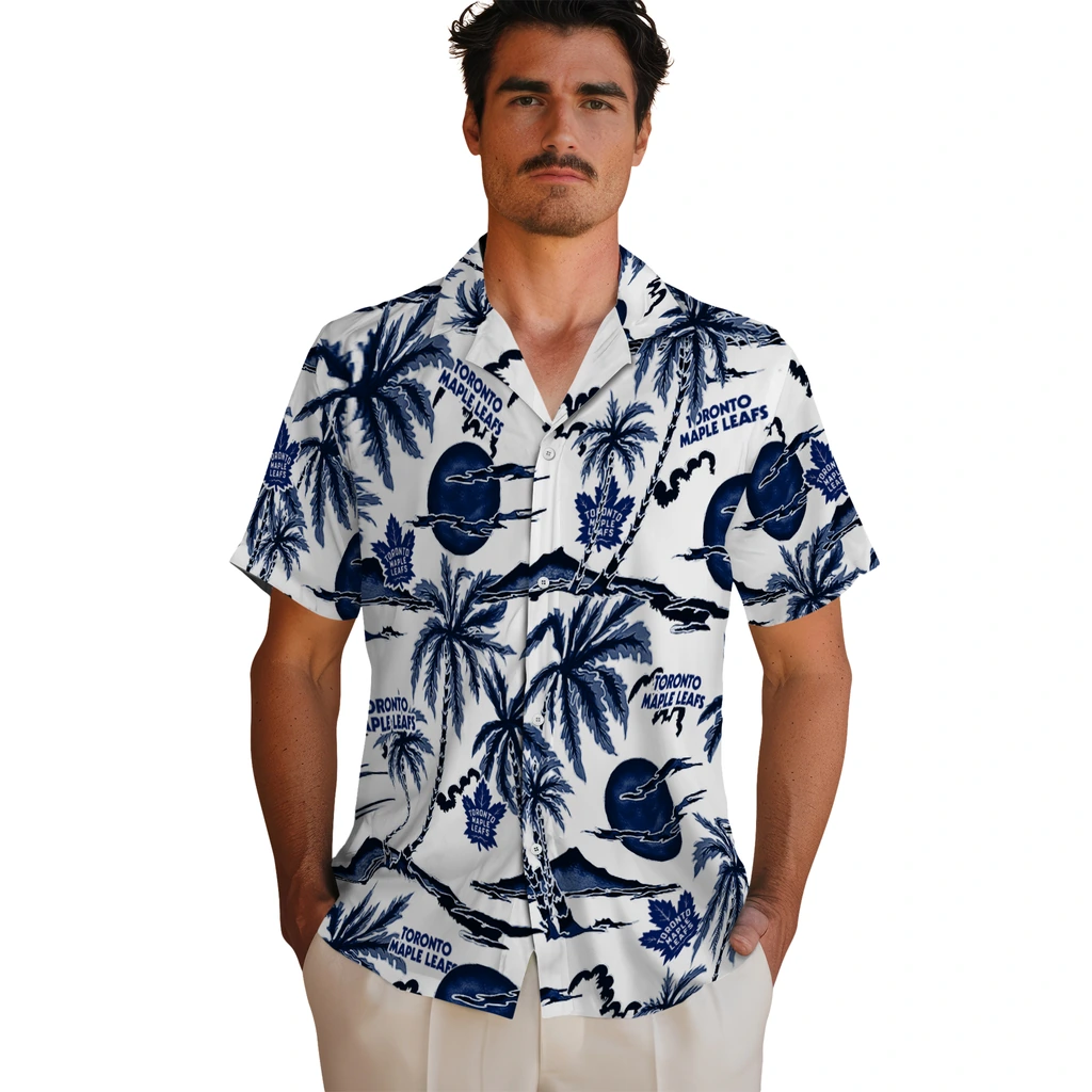 Toronto Maple Leafs Hawaiian Shirt - Palm Sunset toronto maple leafs palm sunset hawaiian shirts fashion forward