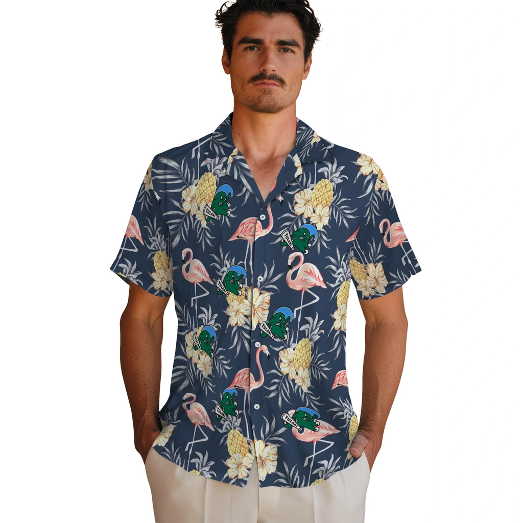 Tulane Green Wave Hawaiian Shirt - Flamingo Hibiscus tulane green wave flamingo hibiscus navy hawaiian shirts fashion forward