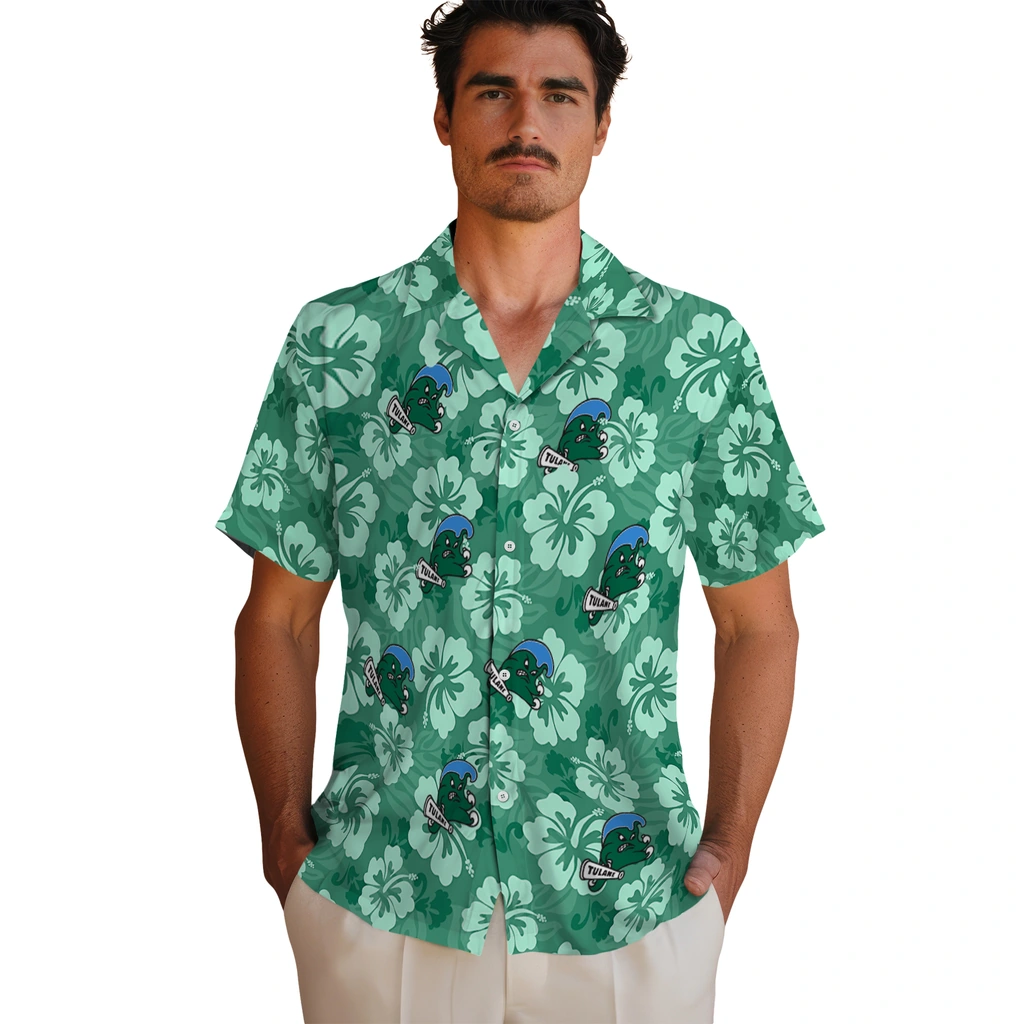 Tulane Green Wave Hawaiian Shirt - Hibiscus Cluster tulane green wave hibiscus cluster green hawaiian shirts fashion forward