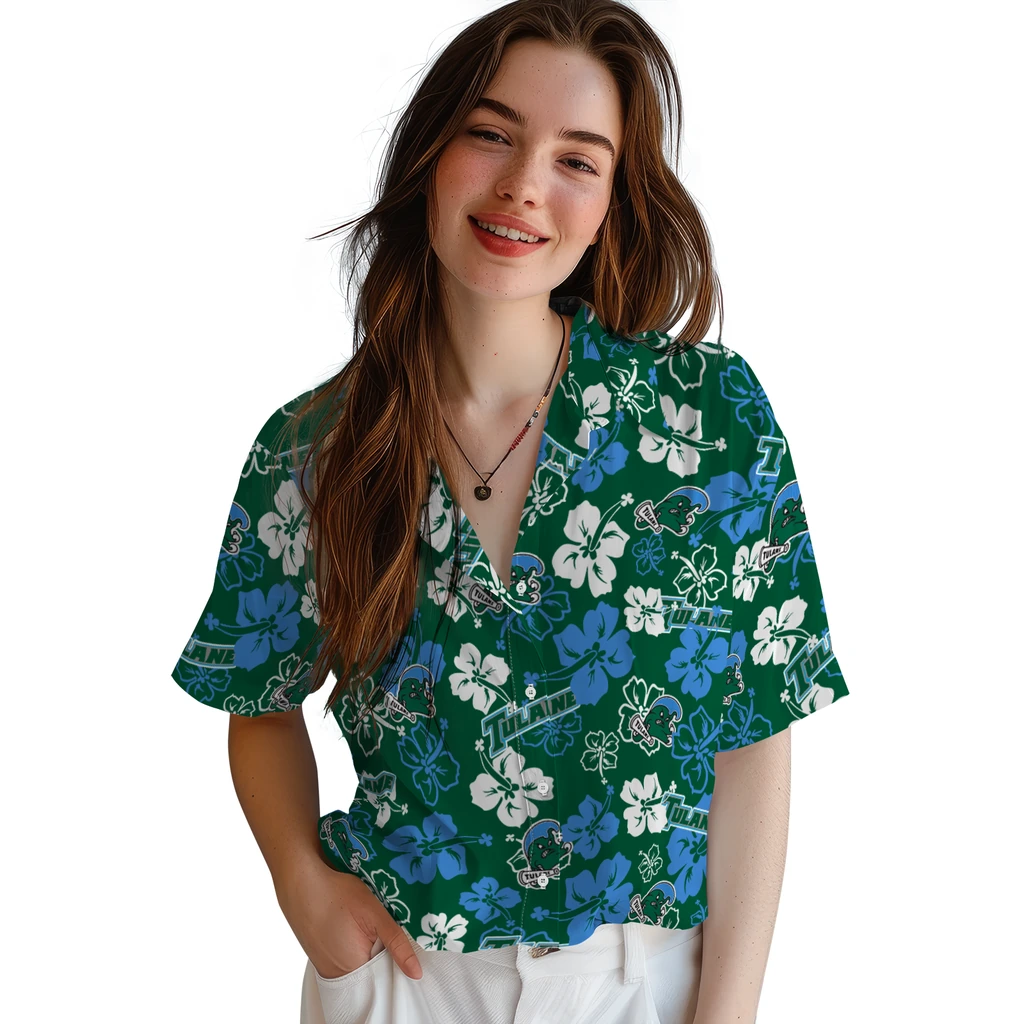 Tulane Green Wave Hawaiian Shirt - Hibiscus Flower Design tulane green wave hibiscus bloom green hawaiian shirts latest model