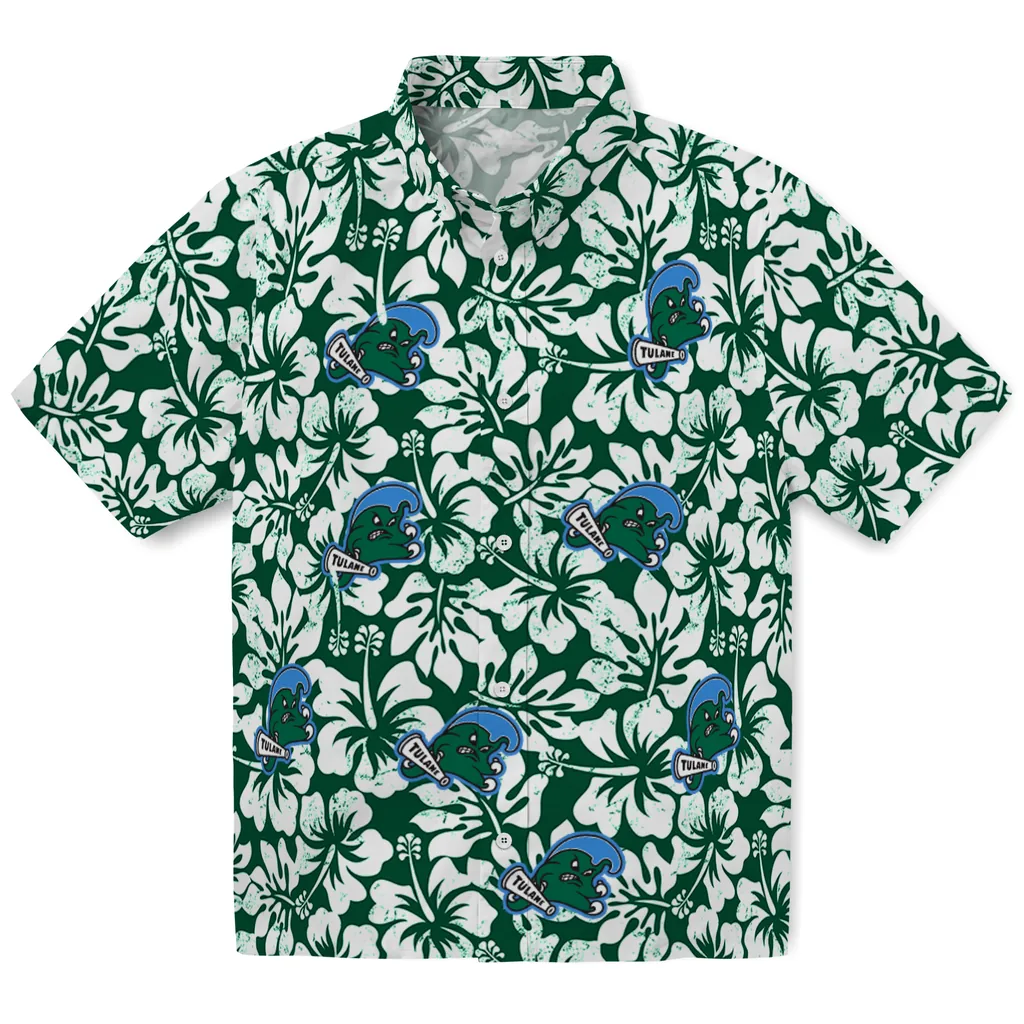 Tulane Green Wave Hawaiian Shirt - Hibiscus Motif tulane green wave hibiscus motif green white hawaiian shirts best selling