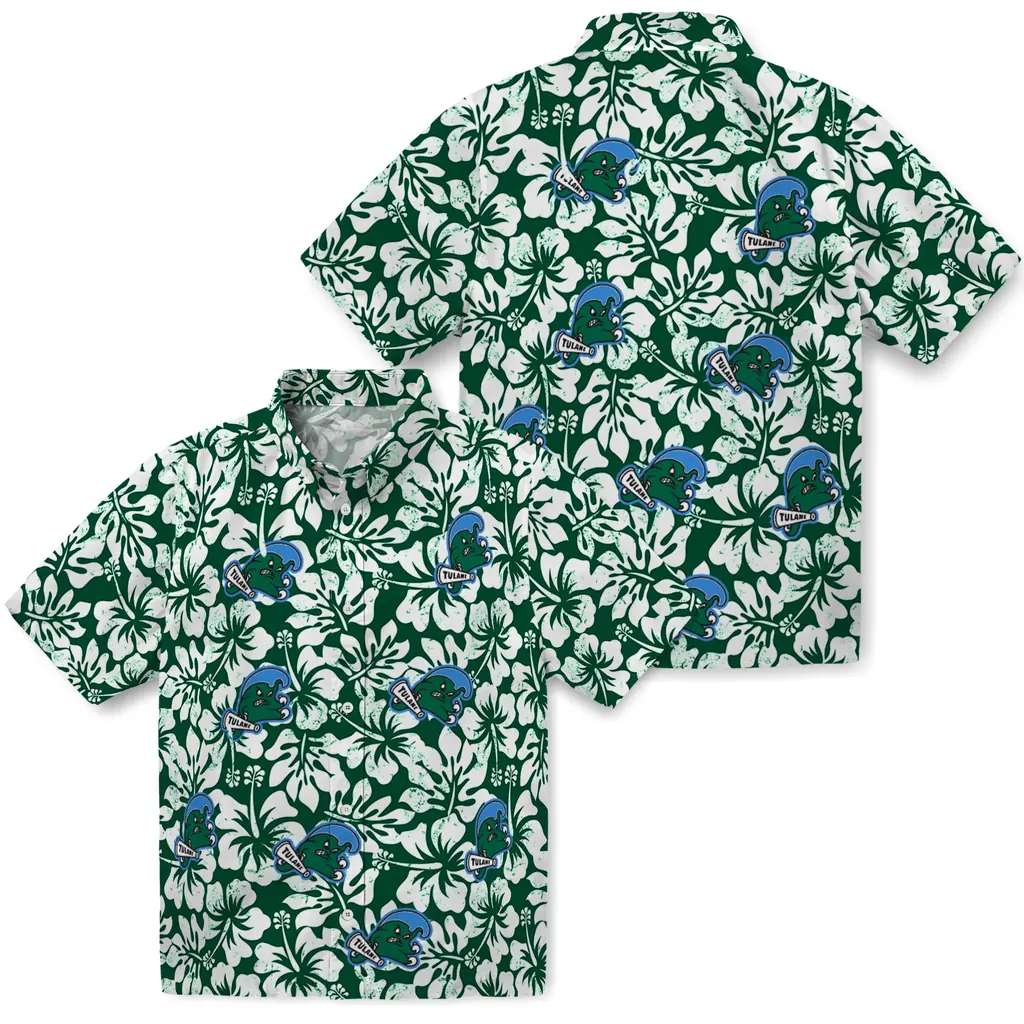 Tulane Green Wave Hawaiian Shirt - Hibiscus Motif tulane green wave hibiscus motif green white hawaiian shirts high quality