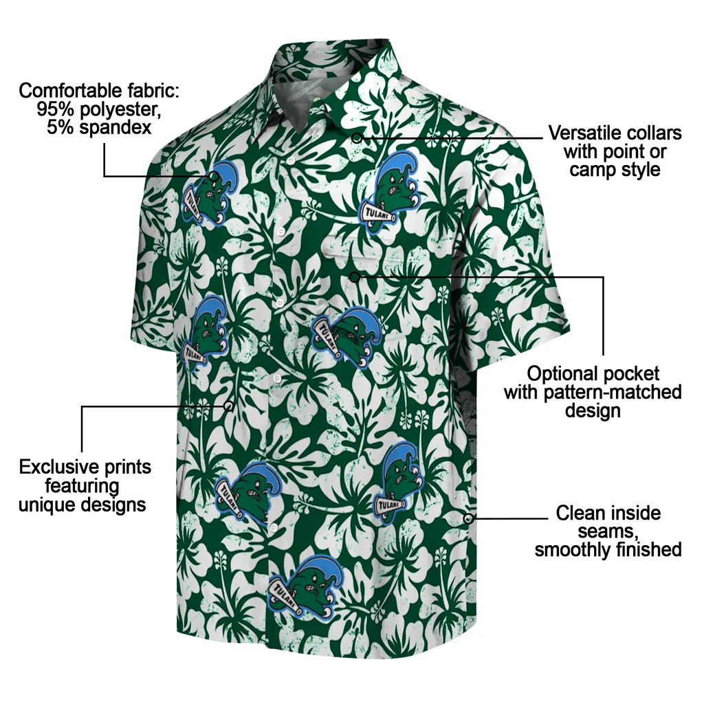 Tulane Green Wave Hawaiian Shirt - Hibiscus Motif tulane green wave hibiscus motif green white hawaiian shirts new arrival