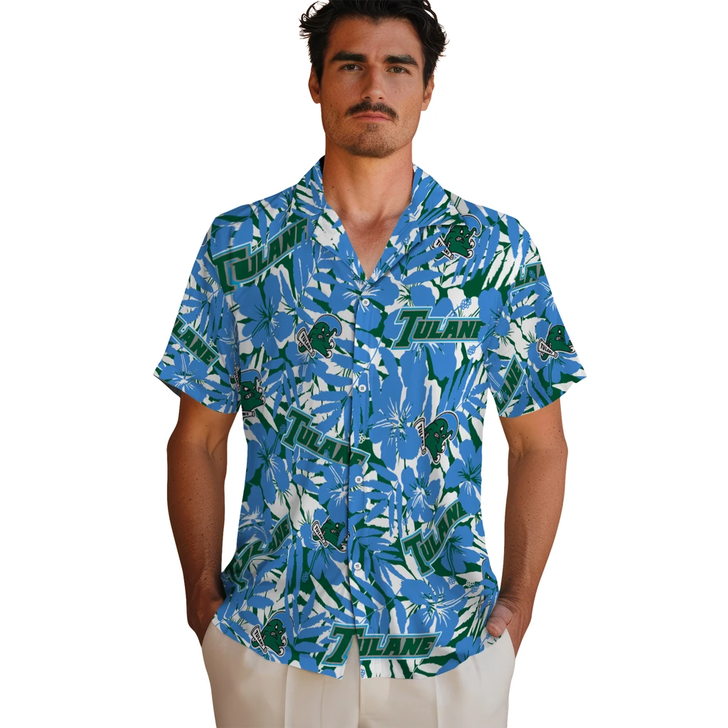 Tulane Green Wave Hawaiian Shirt - Hibiscus Overlay tulane green wave hibiscus overlay hawaiian shirts fashion forward
