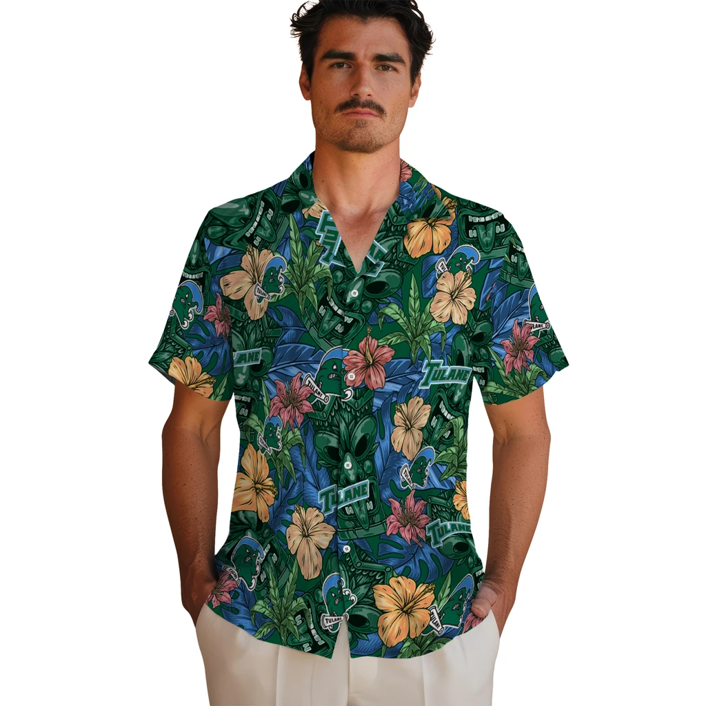 Tulane Green Wave Hawaiian Shirt - Hibiscus Tiki Jungle tulane green wave tiki jungle green hawaiian shirts fashion forward
