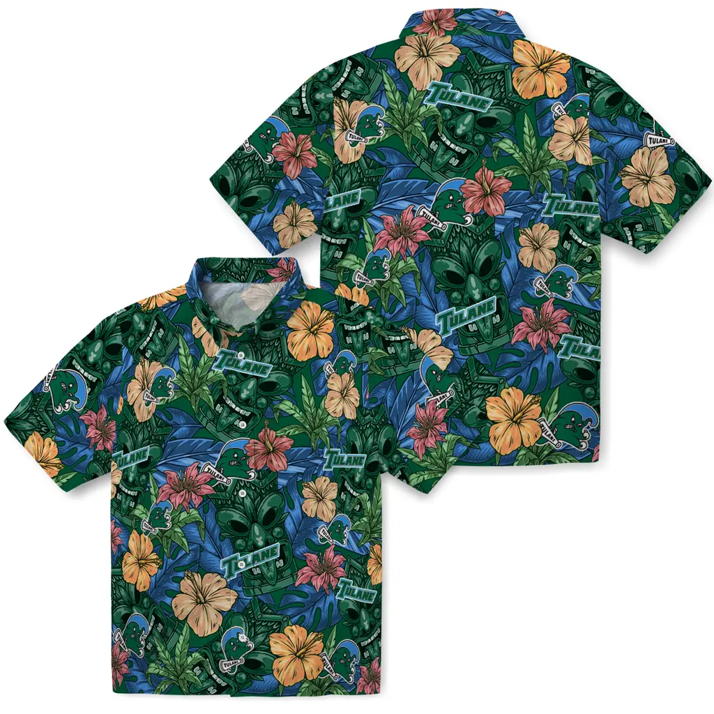 Tulane Green Wave Hawaiian Shirt - Hibiscus Tiki Jungle tulane green wave tiki jungle green hawaiian shirts high quality