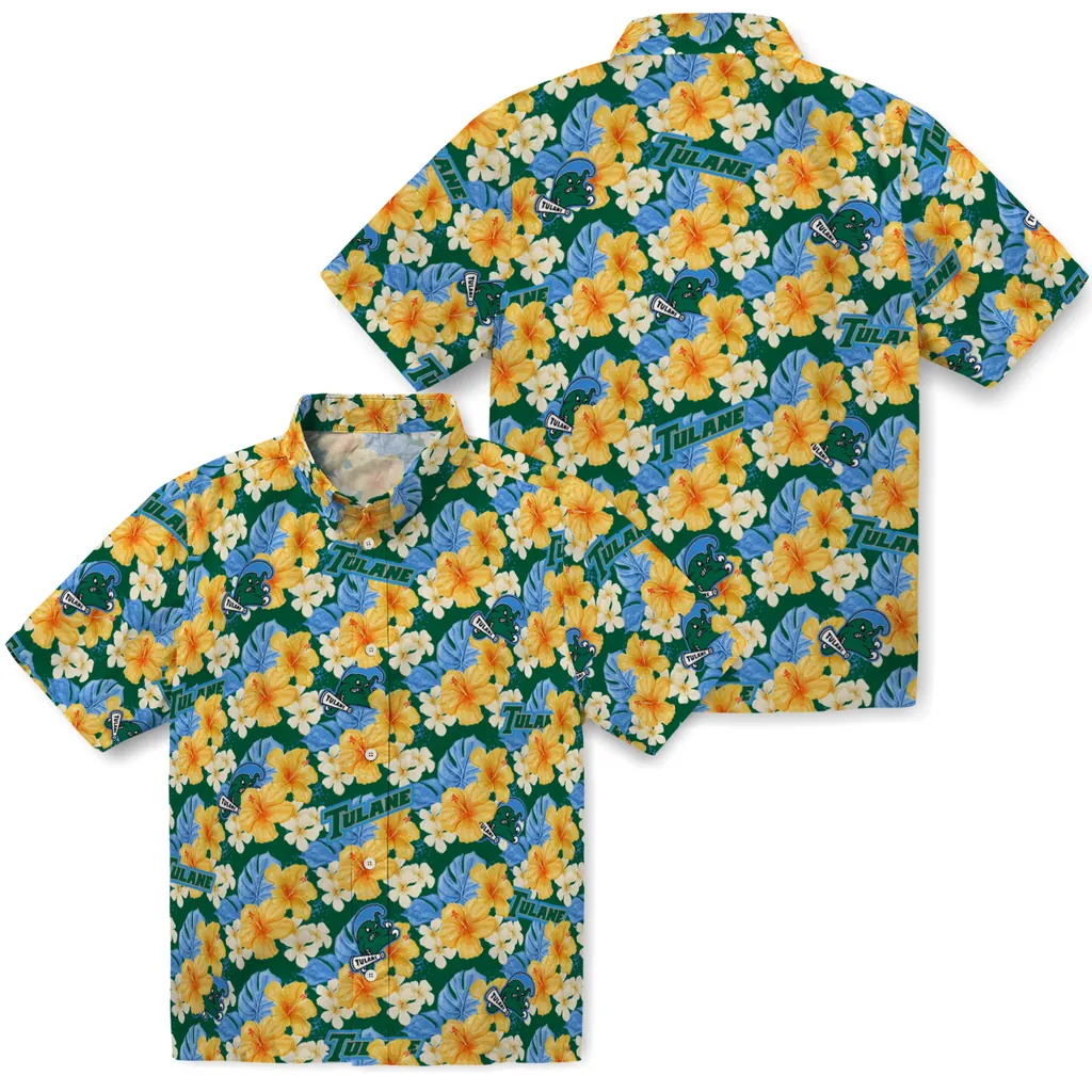 Tulane Green Wave Hawaiian Shirt - Hibiscus Tropics tulane green wave hibiscus tropics green yellow hawaiian shirts high quality