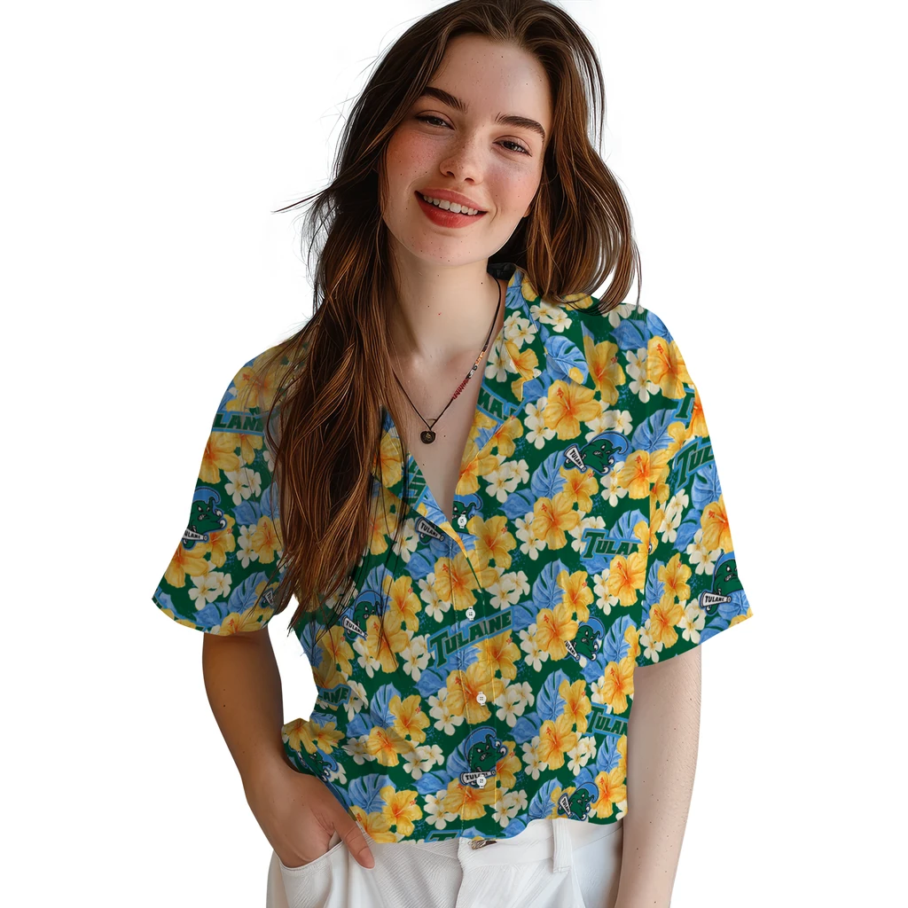 Tulane Green Wave Hawaiian Shirt - Hibiscus Tropics tulane green wave hibiscus tropics green yellow hawaiian shirts latest model