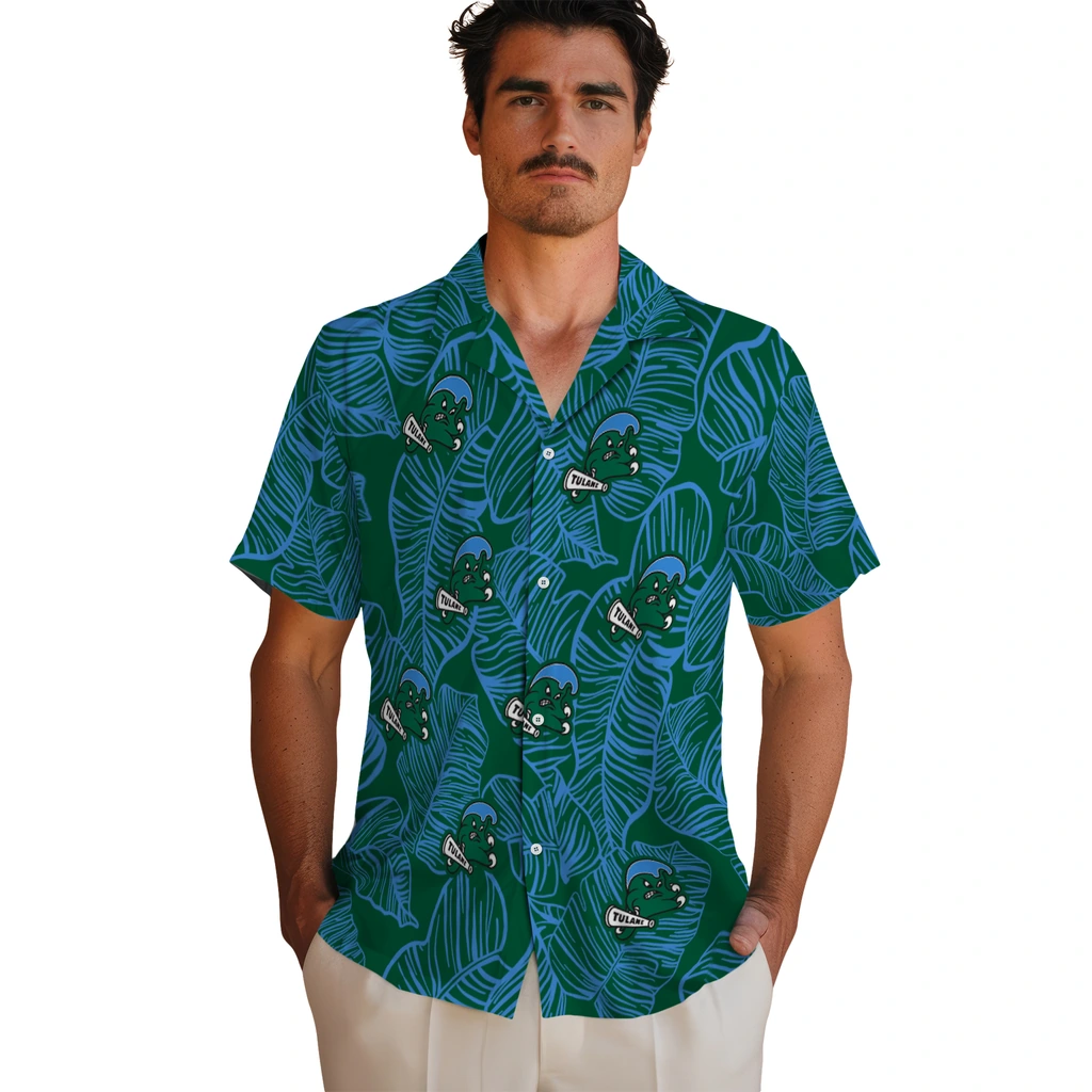 Tulane Green Wave Hawaiian Shirt - Leaf Outline tulane green wave leaf outline green hawaiian shirts fashion forward