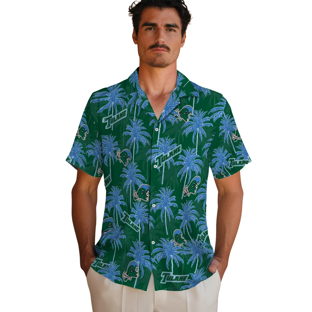 Tulane Green Wave Hawaiian Shirt - Palm Tree Motif tulane green wave palm grove green hawaiian shirts fashion forward