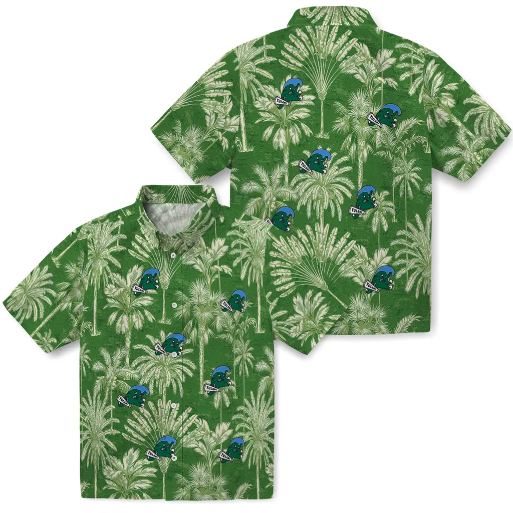 Tulane Green Wave Hawaiian Shirt - Vintage Palm Tree tulane green wave palm shadows green hawaiian shirts high quality