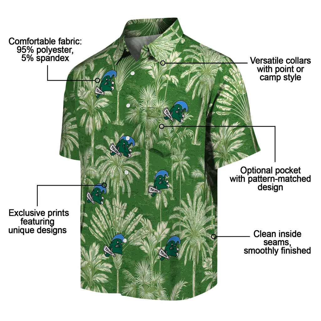 Tulane Green Wave Hawaiian Shirt - Vintage Palm Tree tulane green wave palm shadows green hawaiian shirts new arrival