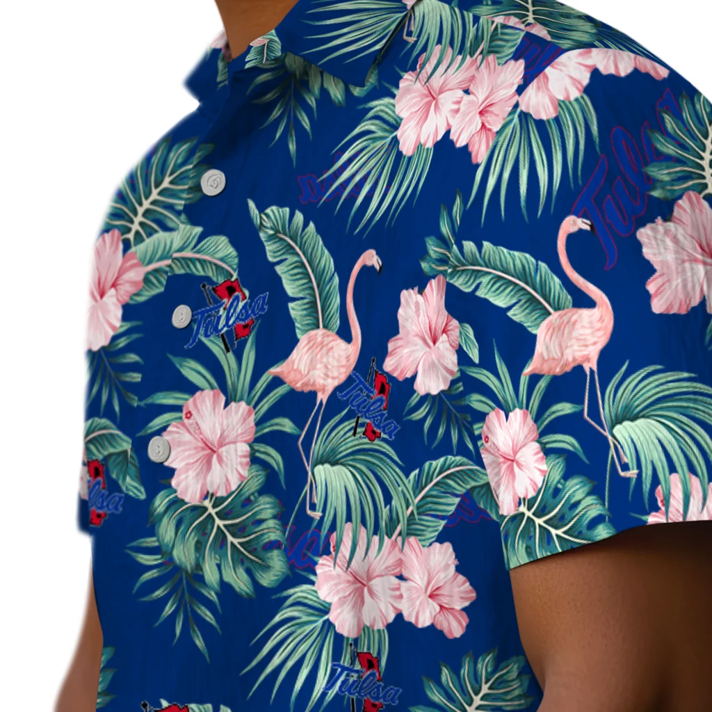 Tulsa Golden Hurricane Hawaiian Shirt - Flamingo and Hibiscus tulsa golden hurricane flamingo palms blue hawaiian shirts trendy