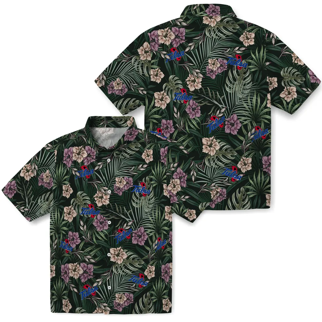 Tulsa Golden Hurricane Hawaiian Shirt - Hibiscus Leaves Pattern tulsa golden hurricane hibiscus leaves pattern green hawaiian shirts high quality