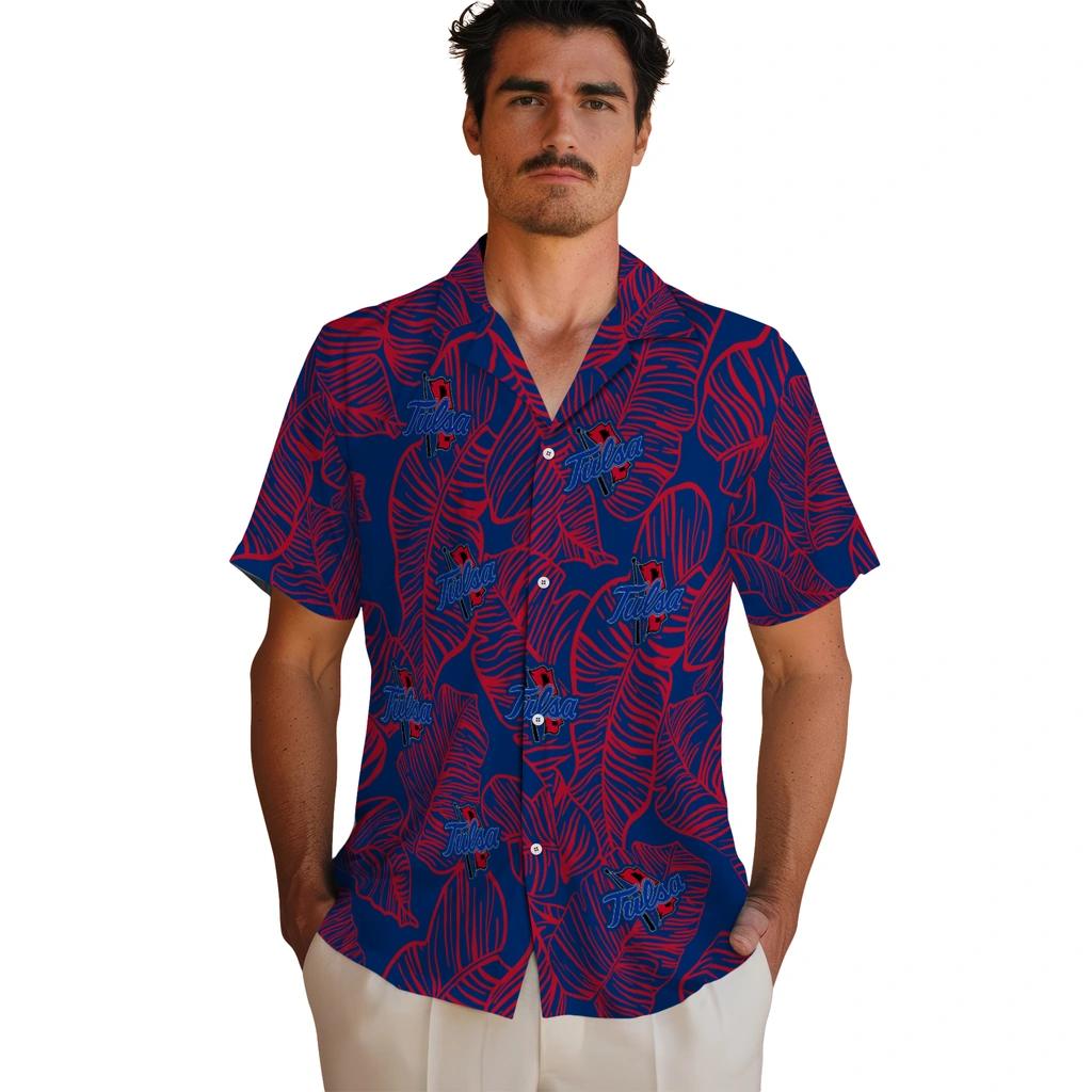 Tulsa Golden Hurricane Hawaiian Shirt - Leaf Outline tulsa golden hurricane leaf outline blue hawaiian shirts fashion forward