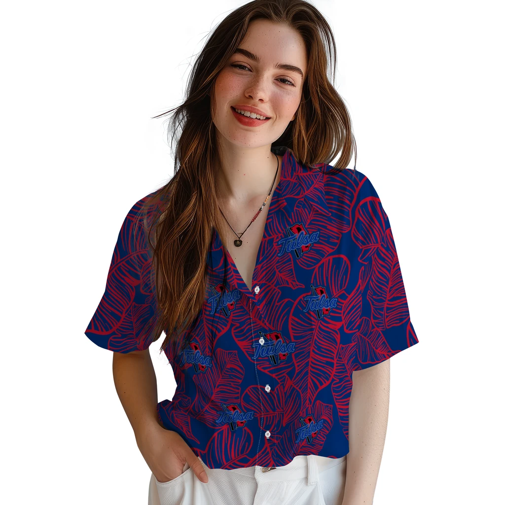 Tulsa Golden Hurricane Hawaiian Shirt - Leaf Outline tulsa golden hurricane leaf outline blue hawaiian shirts latest model