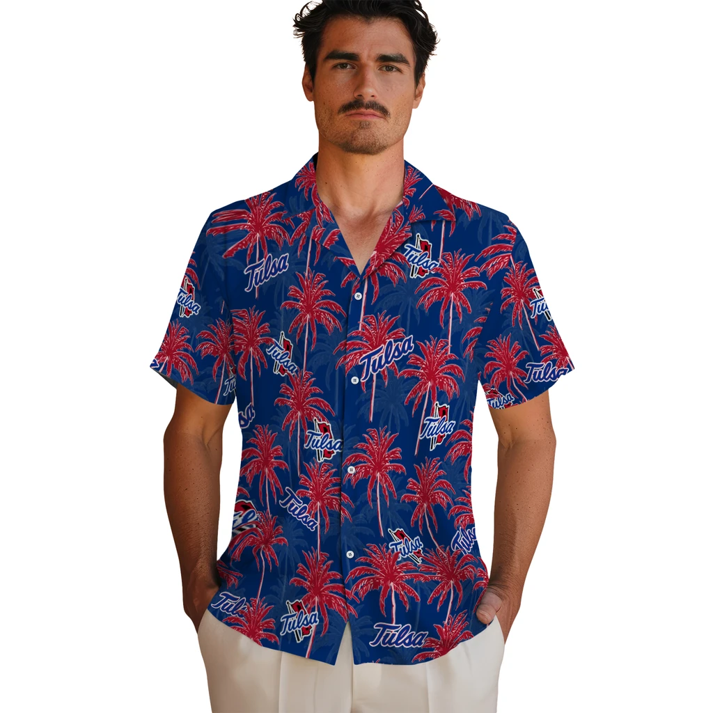Tulsa Golden Hurricane Hawaiian Shirt - Palm Tree Motif tulsa golden hurricane palm grove blue hawaiian shirts fashion forward