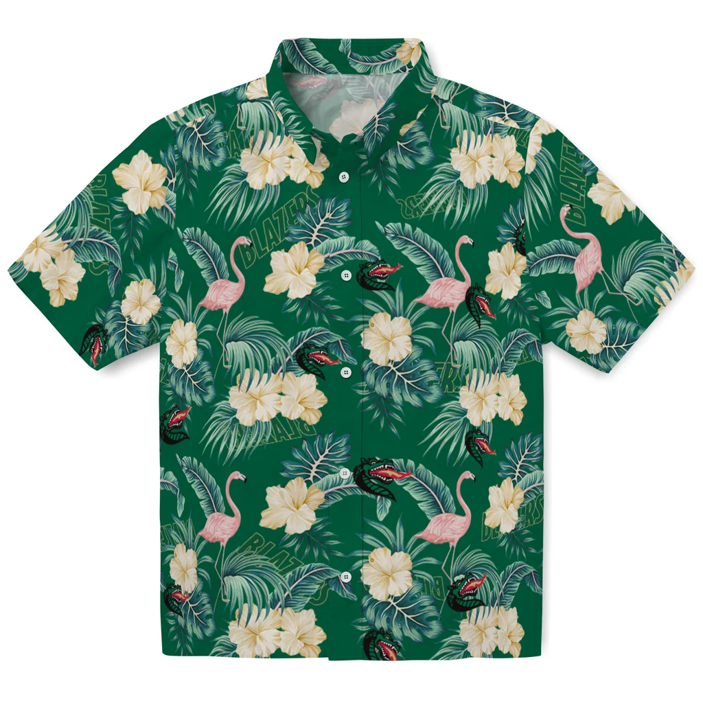 UAB Blazers Hawaiian Shirt - Flamingo and Hibiscus uab blazers flamingo palms green hawaiian shirts best selling