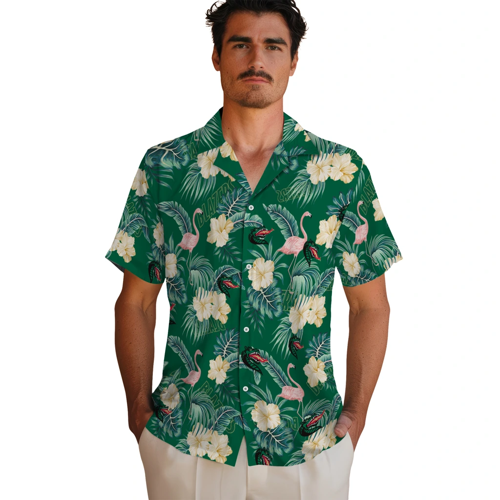 UAB Blazers Hawaiian Shirt - Flamingo and Hibiscus uab blazers flamingo palms green hawaiian shirts fashion forward
