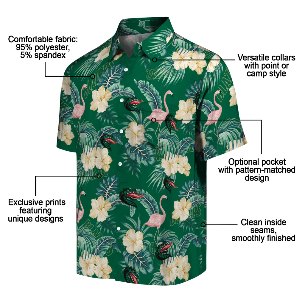 UAB Blazers Hawaiian Shirt - Flamingo and Hibiscus uab blazers flamingo palms green hawaiian shirts new arrival