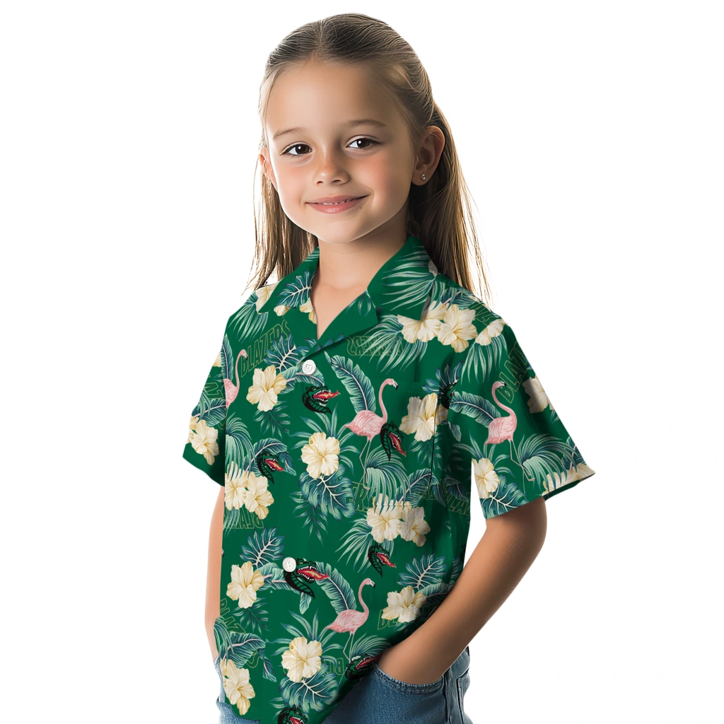 UAB Blazers Hawaiian Shirt - Flamingo and Hibiscus uab blazers flamingo palms green hawaiian shirts premium grade