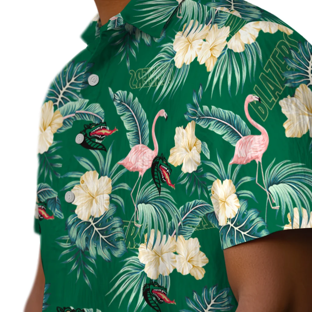 UAB Blazers Hawaiian Shirt - Flamingo and Hibiscus uab blazers flamingo palms green hawaiian shirts trendy