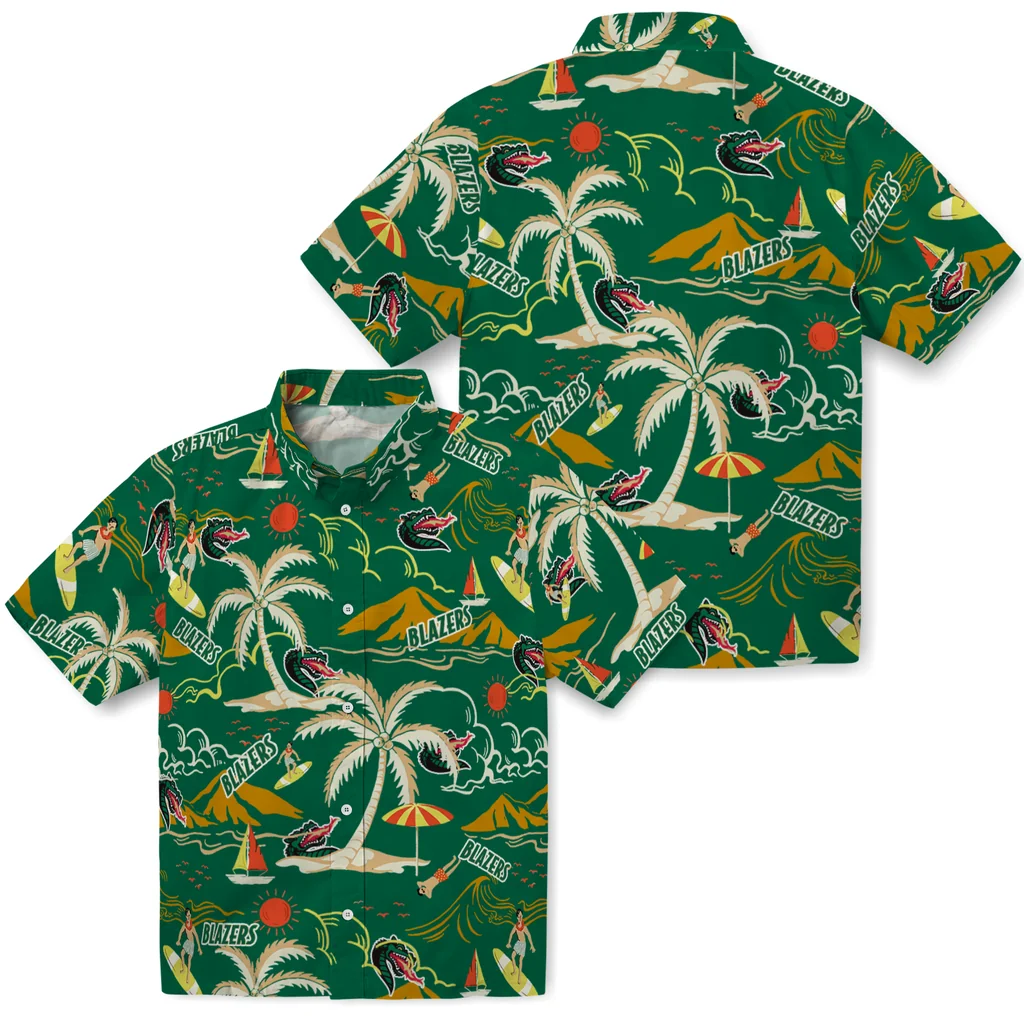 UAB Blazers Hawaiian Shirt - Palm Tree Island uab blazers palm tree island green hawaiian shirts high quality