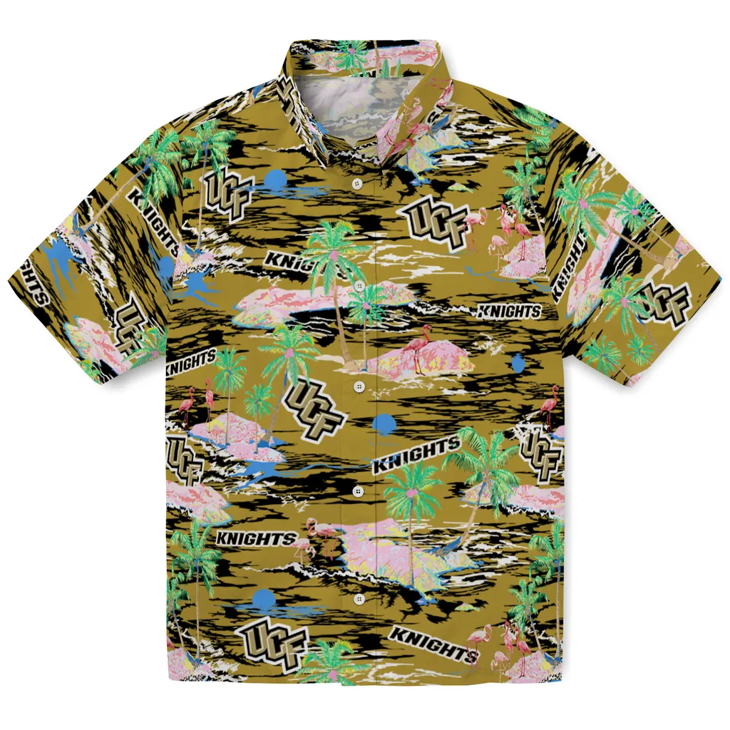 UCF Knights Hawaiian Shirt - Hawaii Island ucf knights flamingo retreat gold hawaiian shirts best selling