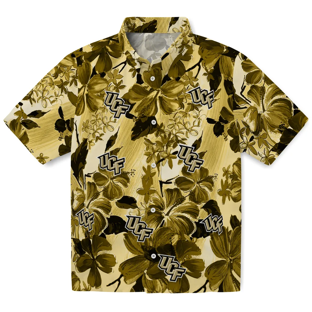 UCF Knights Hawaiian Shirt - Hibiscus Arrangement ucf knights hibiscus arrangement gold hawaiian shirts best selling
