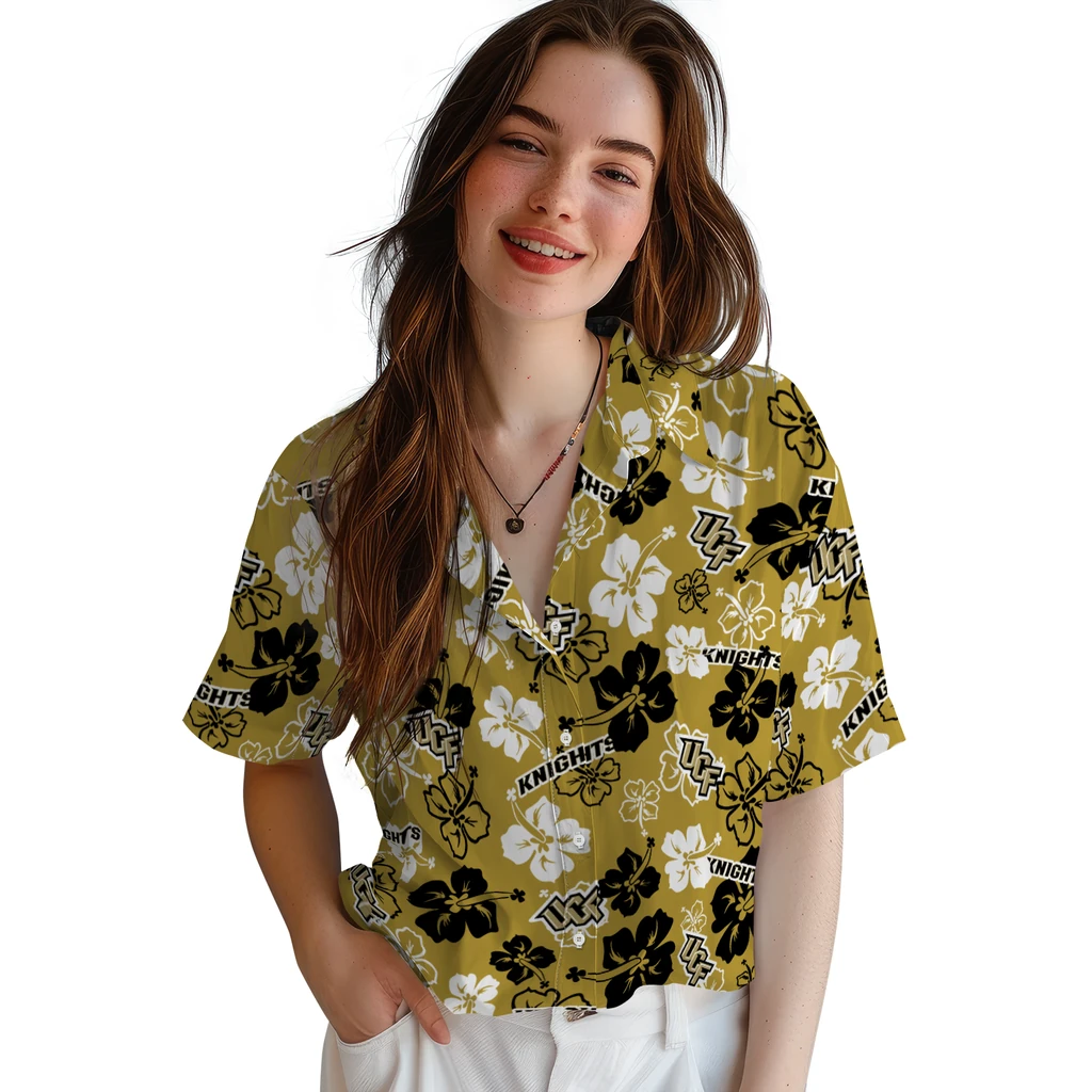 UCF Knights Hawaiian Shirt - Hibiscus Flower Design ucf knights hibiscus bloom gold hawaiian shirts latest model