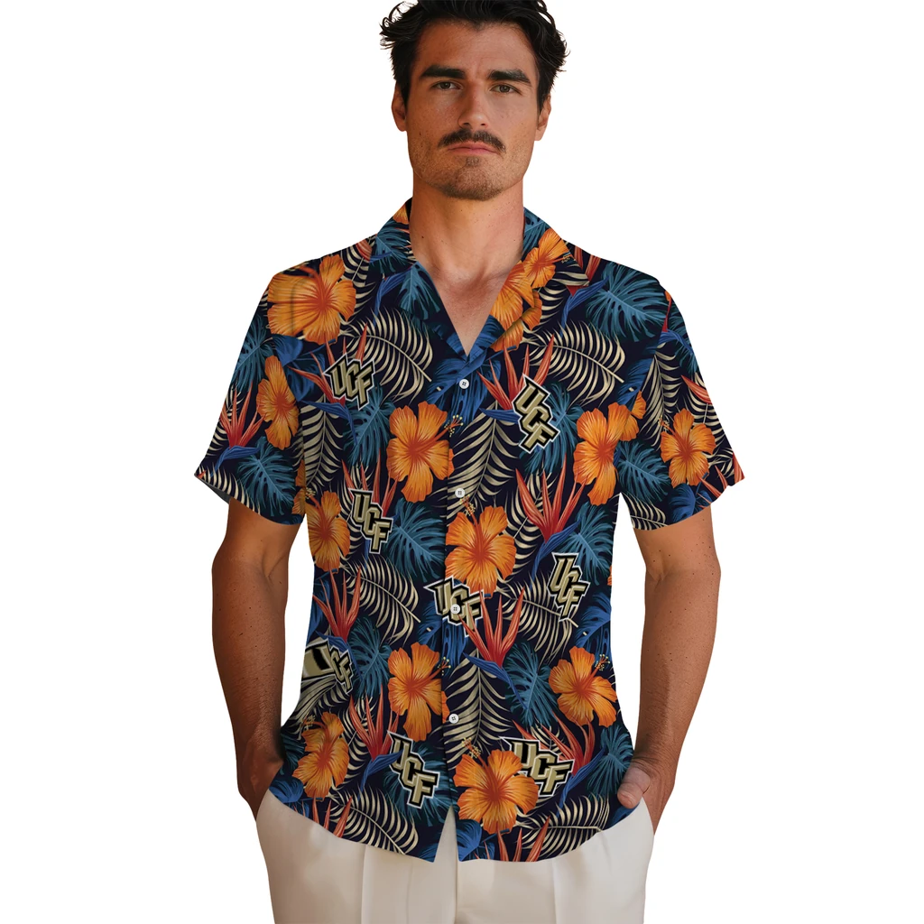 UCF Knights Hawaiian Shirt - Hibiscus Foliage ucf knights hibiscus foliage hawaiian shirts fashion forward