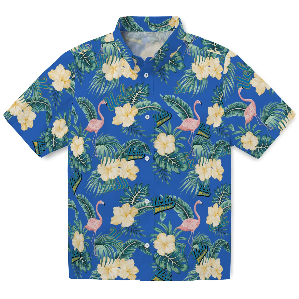 UCLA Bruins Hawaiian Shirt - Flamingo and Hibiscus ucla bruins flamingo palms blue hawaiian shirts best selling