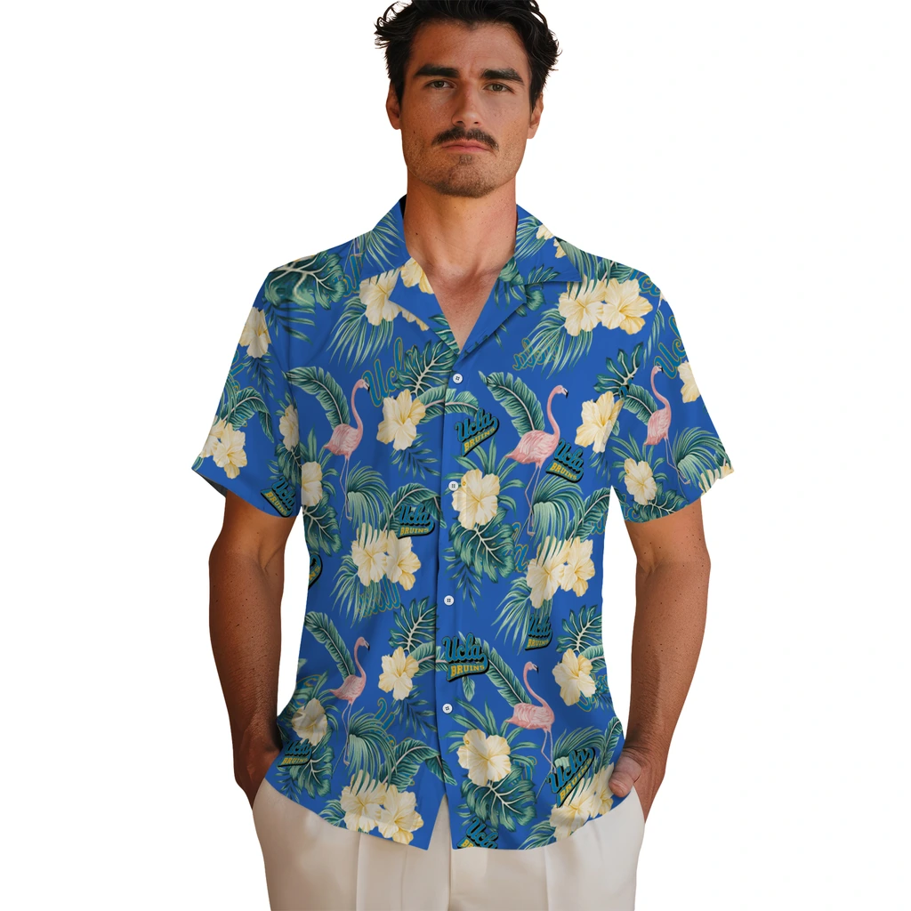 UCLA Bruins Hawaiian Shirt - Flamingo and Hibiscus ucla bruins flamingo palms blue hawaiian shirts fashion forward
