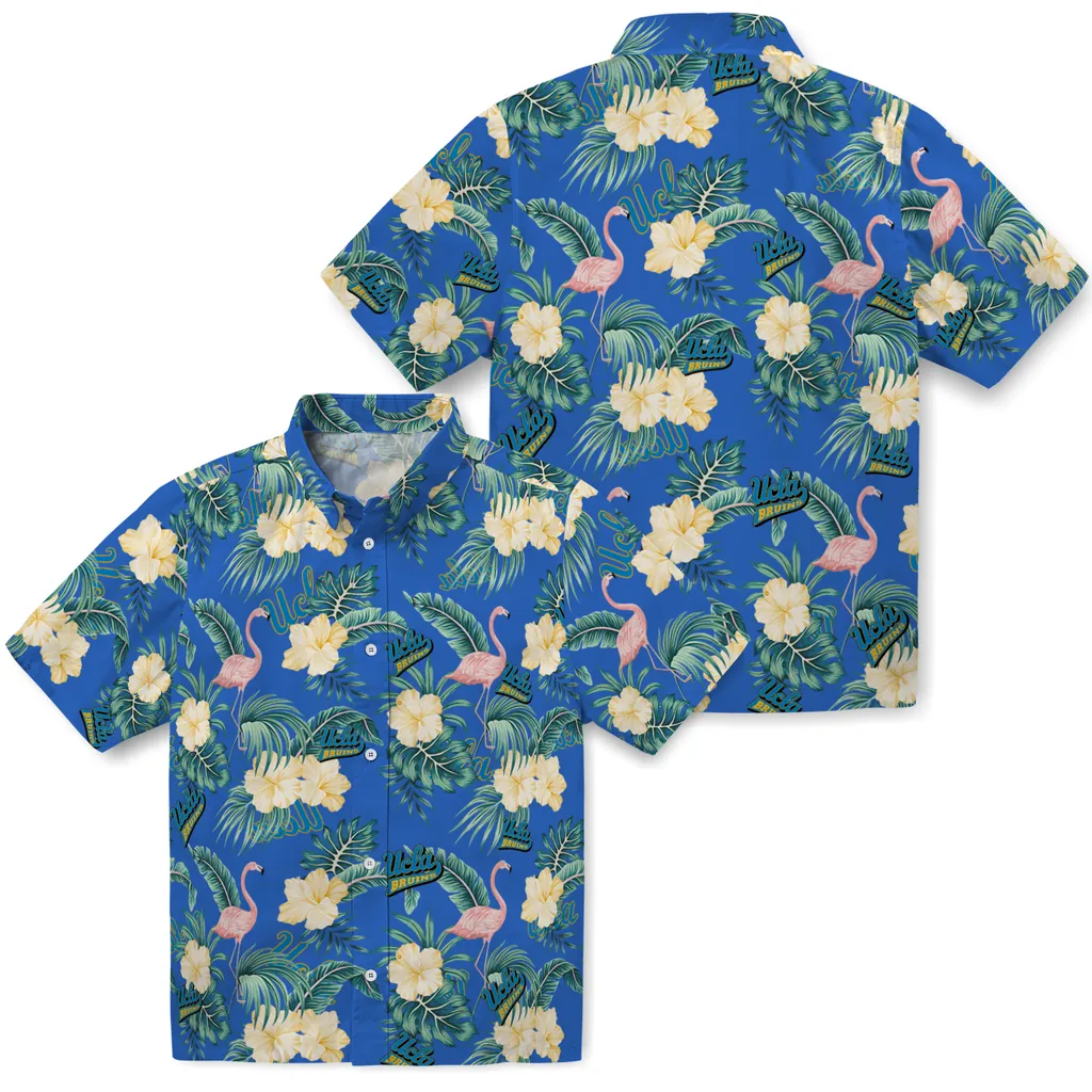 UCLA Bruins Hawaiian Shirt - Flamingo and Hibiscus ucla bruins flamingo palms blue hawaiian shirts high quality