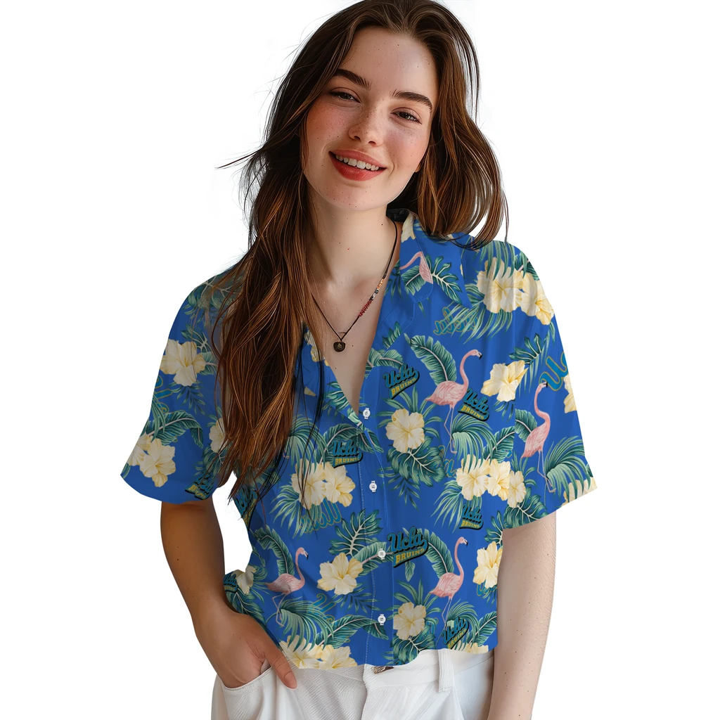UCLA Bruins Hawaiian Shirt - Flamingo and Hibiscus ucla bruins flamingo palms blue hawaiian shirts latest model
