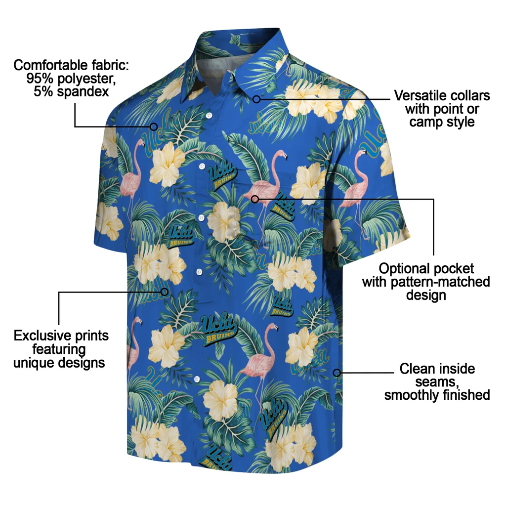 UCLA Bruins Hawaiian Shirt - Flamingo and Hibiscus ucla bruins flamingo palms blue hawaiian shirts new arrival