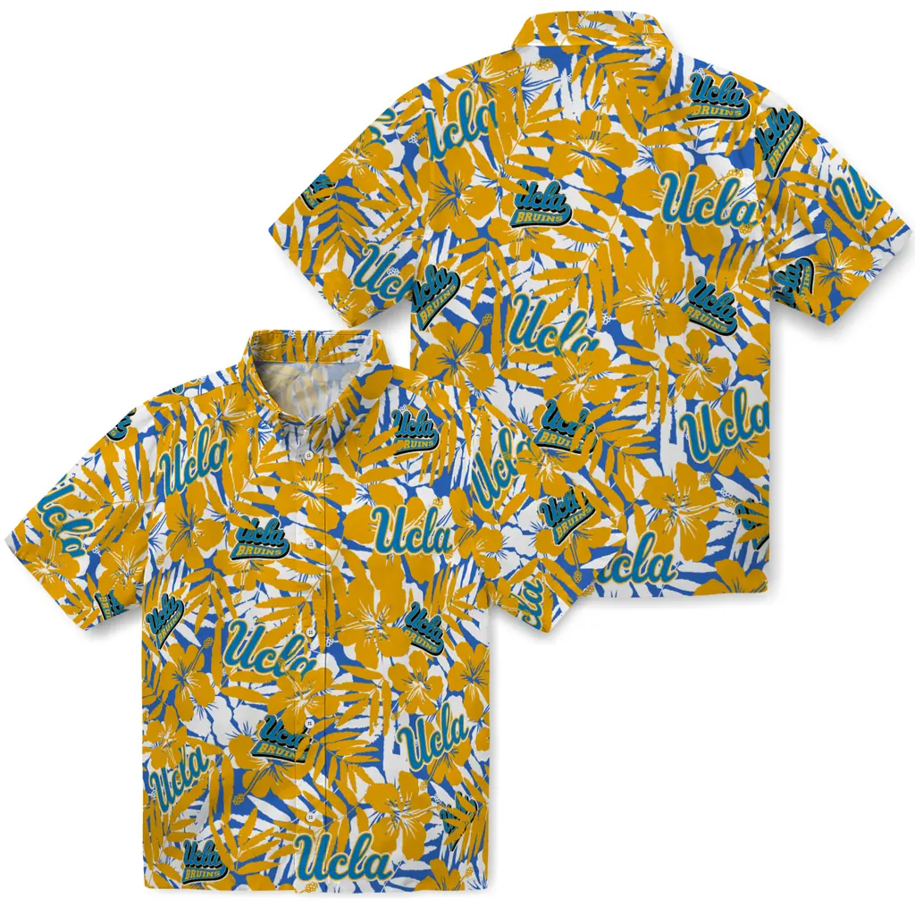 UCLA Bruins Hawaiian Shirt - Hibiscus Overlay ucla bruins hibiscus overlay hawaiian shirts high quality
