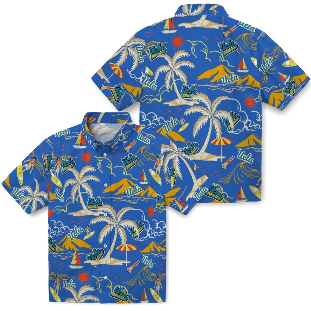 UCLA Bruins Hawaiian Shirt - Palm Tree Island ucla bruins palm tree island blue hawaiian shirts high quality