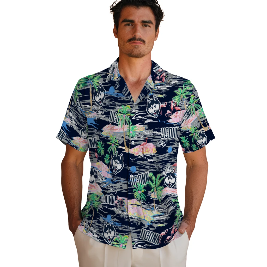 UConn Huskies Hawaiian Shirt - Hawaii Island uconn huskies flamingo retreat blue hawaiian shirts fashion forward