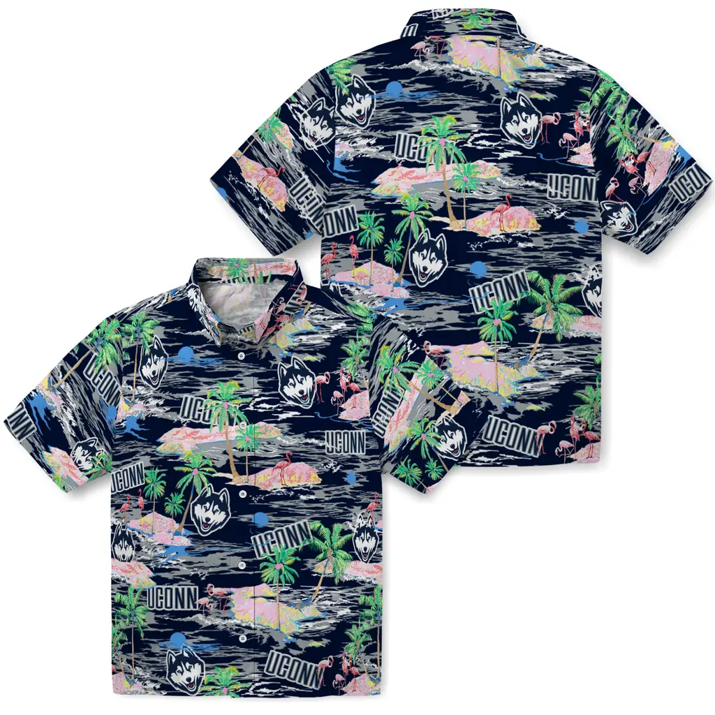 UConn Huskies Hawaiian Shirt - Hawaii Island uconn huskies flamingo retreat blue hawaiian shirts high quality