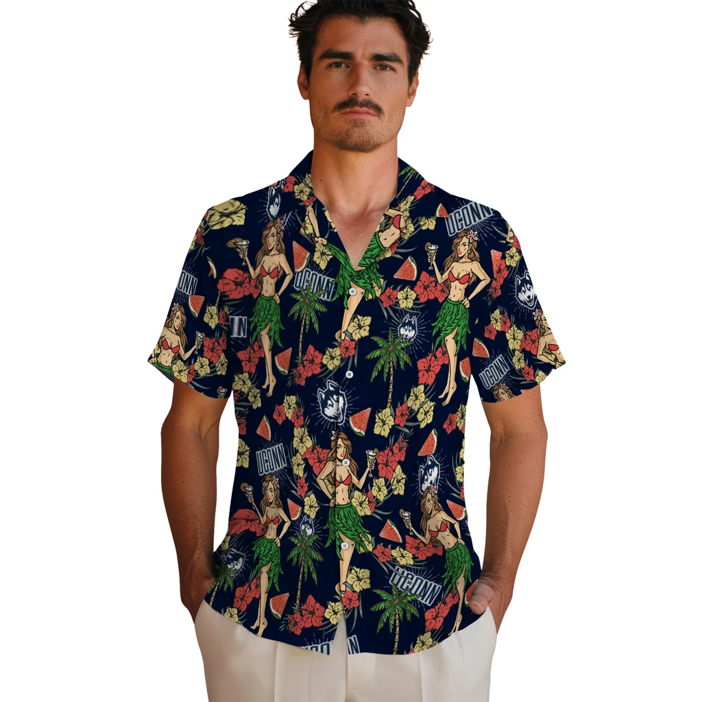 UConn Huskies Hawaiian Shirt - Hawaiian Girls Design uconn huskies hawaiian girls design blue hawaiian shirts fashion forward