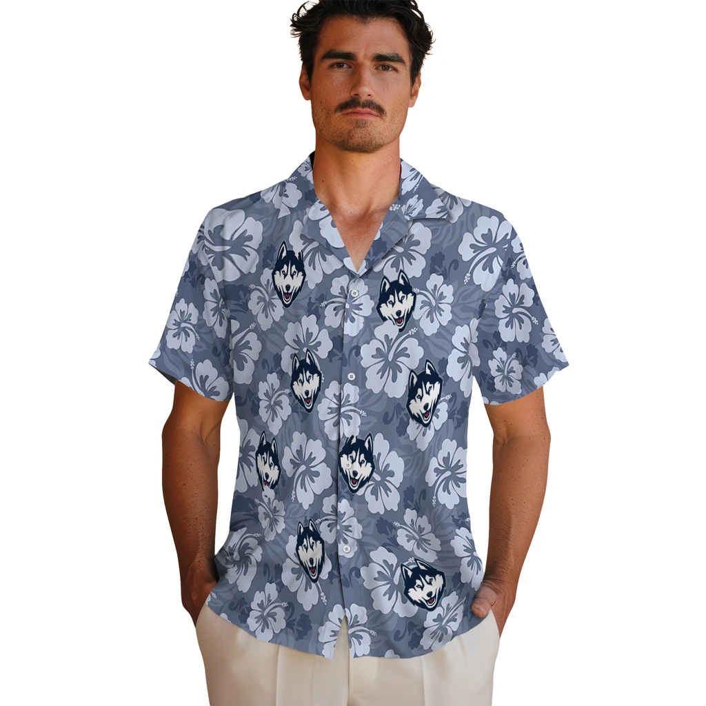 UConn Huskies Hawaiian Shirt - Hibiscus Cluster uconn huskies hibiscus cluster blue hawaiian shirts fashion forward