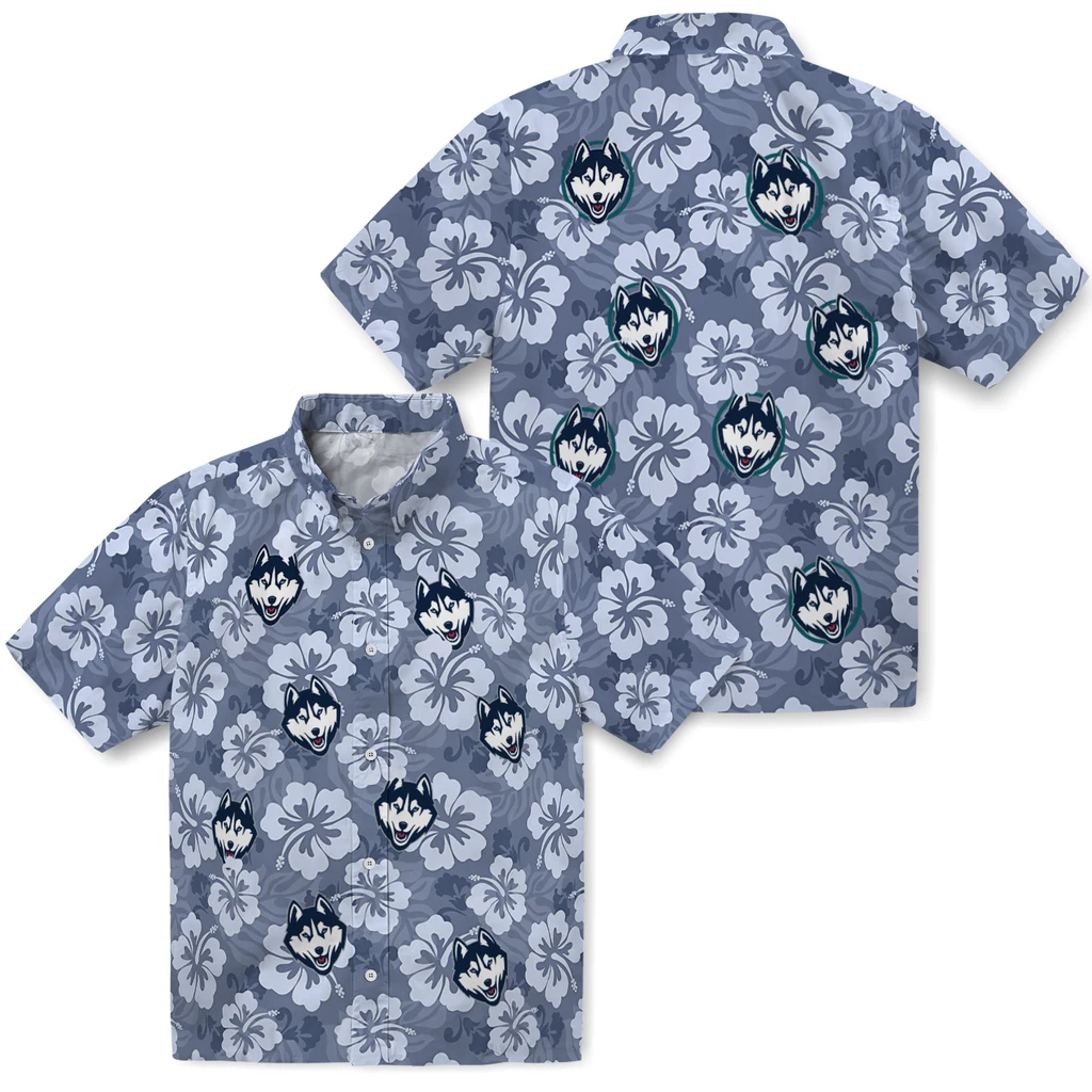 UConn Huskies Hawaiian Shirt - Hibiscus Cluster uconn huskies hibiscus cluster blue hawaiian shirts high quality
