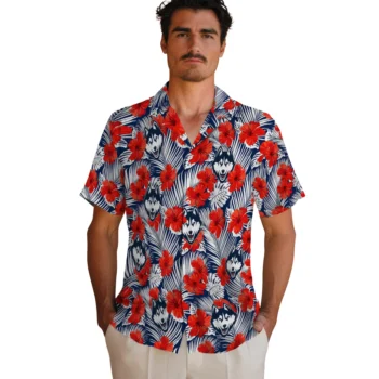 uconn huskies hibiscus fiesta red royal blue hawaiian shirts fashion forward