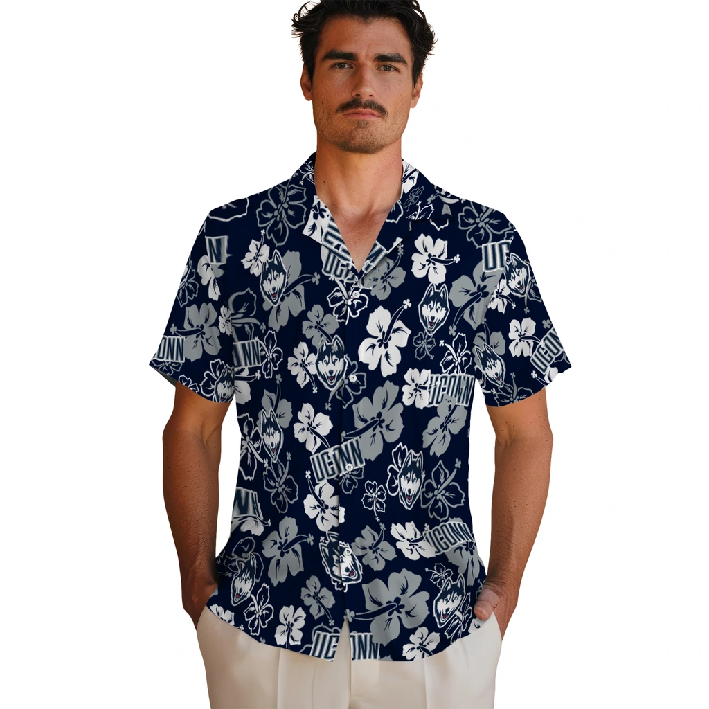 UConn Huskies Hawaiian Shirt - Hibiscus Flower Design uconn huskies hibiscus bloom blue hawaiian shirts fashion forward