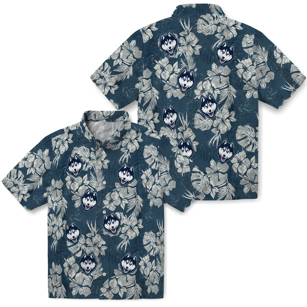 UConn Huskies Hawaiian Shirt - Hibiscus Flowers uconn huskies hibiscus flowers navy blue hawaiian shirts high quality