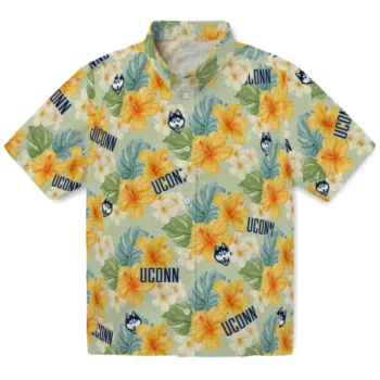 uconn huskies hibiscus mood pale lime yellow hawaiian shirts best selling