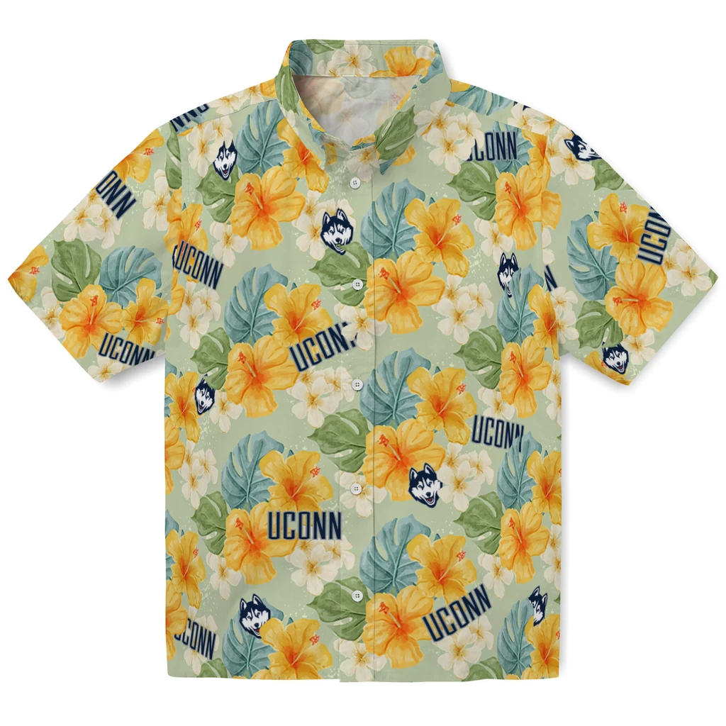 UConn Huskies Hawaiian Shirt - Hibiscus Mood uconn huskies hibiscus mood pale lime yellow hawaiian shirts best selling