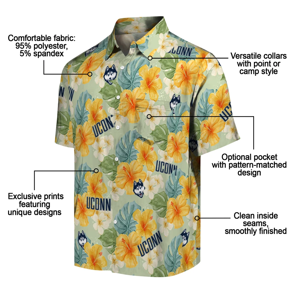 UConn Huskies Hawaiian Shirt - Hibiscus Mood uconn huskies hibiscus mood pale lime yellow hawaiian shirts new arrival